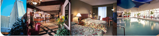 Photos of tall building, modern reception area, hotel room, swimming pool